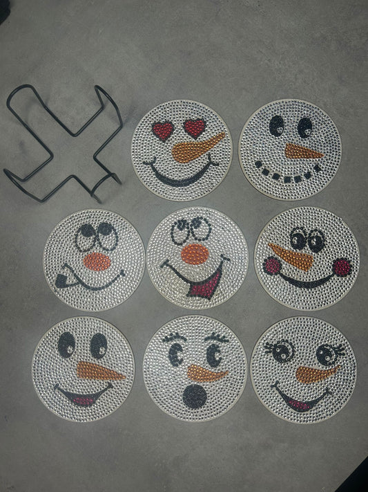 ✨ “Pack of 8 Glittering Snowman Coasters – Perfect Christmas Gift”